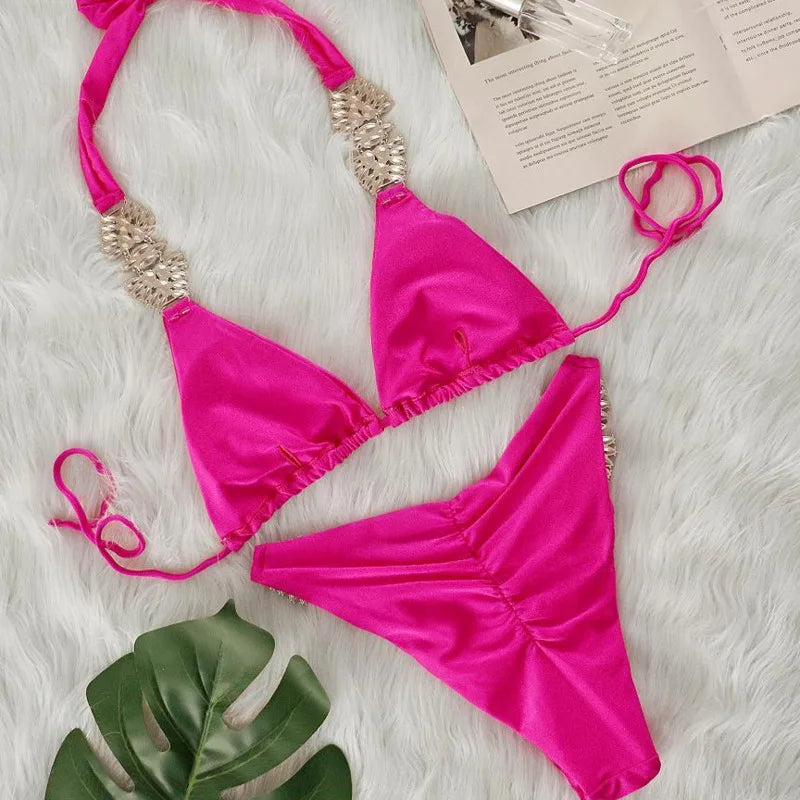 Glänzender Push-Up Bikini mit Strasssteinen – Sexy Zweiteiler für Damen, Strand & Pool